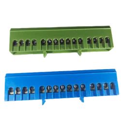 Juego de abrazaderas para regleta de barras para conexión a tierra y neutro azul y verde sobre carril 15 máx. orificios 16mm2 63A aislados