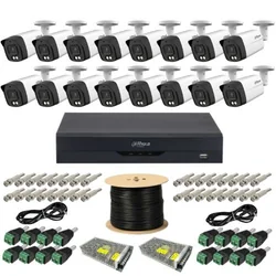 Kit de surveillance professionnel Dahua 16 Caméras Dual Light 5MP Microphone IR 40m, DVR 16 canaux 5MP WizSense et accessoires de montage