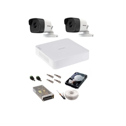 Kit de vigilância completo 5 MP Hikvision Turbo HD com 2 câmeras Bullet IR 20 m, fontes de alimentação, cabos, plugues, HDD 500 Gb, visualização na Internet