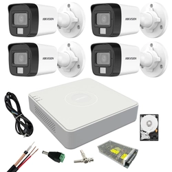 Kit de vigilância Hikvision 4 Câmeras de luz dupla, 2MP Luz branca 20m IR 30m DVR 4 canais 4 MP lite Hard 500, acessórios