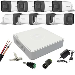 Kit de vigilância Hikvision com 8 câmeras, 2 Megapixels, Lente infravermelha 80m, 3.6mm, DVR com 8 canais, Acessórios