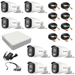 Kit de vigilância por vídeo Hikvision 8 Câmeras ColorVU 2MP, luz branca 20m, DVR 8 canais 4 MP lite, acessórios