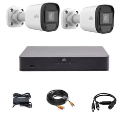 Kit de vigilância Uniview com 2 câmeras 5 Megapixels, infravermelho 20M, DVR híbrido com 4 canais 5MP, acessórios