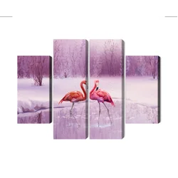 Mehrteiliges Bild von Flamingos auf einem violetten Landschaftshintergrund