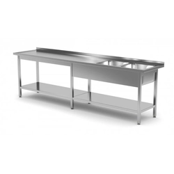 Mesa com duas pias e prateleira reforçada - compartimentos do lado direito 2200 x 600 x 850 mm POLGAST 222226-6-P 222226-6-P