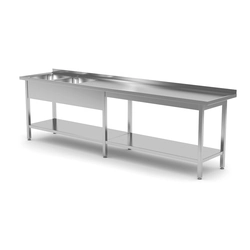 Mesa de catering em aço inox com prateleira + 2 Pias 210x60x85 Polgast 222216-6