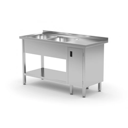 Mesa de catering em aço inox com prateleira + 2 Pias + armário 140x60x85 Polgast 226146