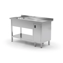 Mesa de catering em aço inox com prateleira + pia + armário 180x60x85 Polgast 216186