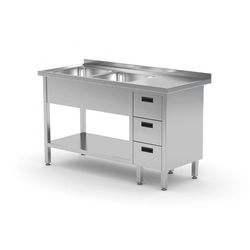 Mesa de restauração em aço inox com lavatórios 2 + gavetas 3 + prateleira 150x60x85 Polgast 225156-3