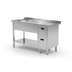 Mesa de restauração em aço inox com prateleira + lavatório + 2 Gavetas 130x60x85 Polgast 215136