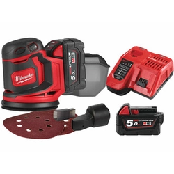 Milwaukee M18BOS125-502B akumulatorowa szlifierka mimośrodowa 18 V | Szczotka węglowa | 2 x 5 Ah akumulator + ładowarka | W kartonowym pudełku