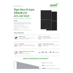 Μονάδα φωτοβολταϊκού πάνελ JINKO TIGER NEO 450W 450Wp JKM450N-54HL4R Μαύρο μονόχρωμο ημικοπτικό πλαίσιο 450 W Wp N-Type