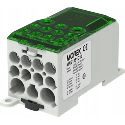 MOREK Blok dystrybucyjny - rozdzielczy OJL280A zielony mi: 1xAl/Cu 35-120 wy: 2x6-35mm2/5x2,5-16mm2/ 4x2,5-10mm2 1000V MAB1281G10