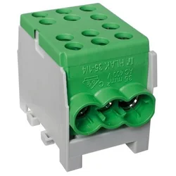 Morsetto di distribuzione derivazione polo 1 su guida DIN omega ingressi 3 ( 1x35+2x25mm2) su ciascun lato, verde per messa a terra