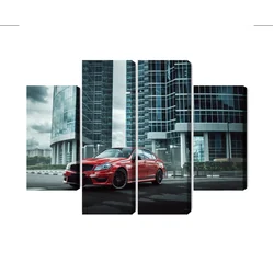 Multi-part Picture of a Red Car Against the Background of Modern Skyscrapers