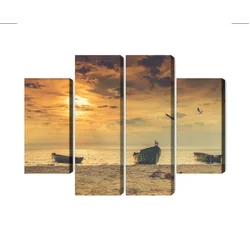 Multi Piece Image Boten op het strand bij zonsondergang