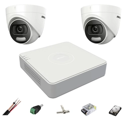 Novērošanas sistēma 2 Hikvision kameras 5MP 2.8mm ColorVU, balta gaisma 20m, DVR 4 kanāli, piederumi, cietais disks 500GB