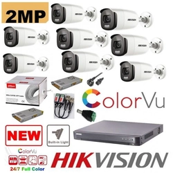 Overvågningssæt 8 professionelle kameraer Hikvision 2mp Color Vu med IR 40m (natfarve), tilbehør inkluderet