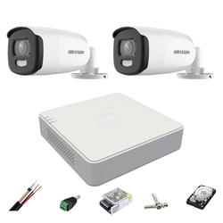 Overvågningssystem 2 ColorVU Hikvision-kameraer 5MP, hvidt lys 40m, 2.8mm, DVR 4 kanaler, monteringstilbehør, harddisk 1TB