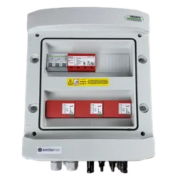 Painel de distribuição DCAC, IP65, SPD DC Dehn 1000V tipo 2, 3 x string PV, 3 x MPPT, SPD AC Dehn tipo 2, 63A 3-F, RCD tipo A 63A/300mA