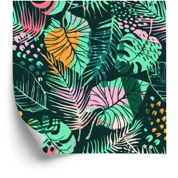 Papel de parede elegante com folhas tropicais coloridas