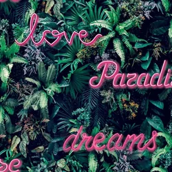 Papel pintado Good Vibes Letra Neón con Plantas, verde y rosa