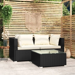 Patio Furniture Set 3 Piece with Cushions Black Poly Rattan