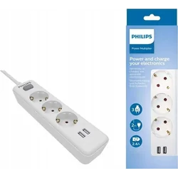 Philips STROOMVERLENGKABEL PHILIPS SURGE STROOMSTRIP WIT 3 STOPCONTACTEN 2XUSB 2M SPN3032WA/60