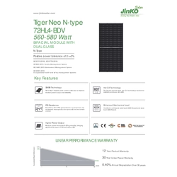 Photovoltaic module PV panel 570Wp JINKO JKM570N-72HL4-BDV Bifacial Glass Glass N-Type Silver Frame