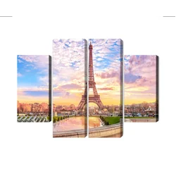 Pintura de varias partes de la Torre Eiffel en París al atardecer