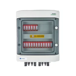 Priključek PV stikalne ploščeDC hermetični IP65 EMITER z DC prenapetostnim odvodnikom Dehn 1000V tip 2, 6x PV veriga, 6x MPPT