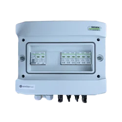 Priključek PV stikalne ploščeDCAC hermetični IP65 EMITER z DC prenapetostnim odvodnikom Noark 1000V tip 2, 2 x PV niz, 2 x MPPT // limit.AC Noark tip 2, 10A 1-F
