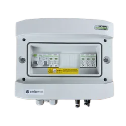Priključek PV stikalne ploščeDCAC hermetični IP65 EMITER z DC prenapetostnim odvodnikom Noark 1000V tip 2, 2 x PV niz, 2 x MPPT // limit.AC Noark tip 2, 20A 1-F, RCD 40A/300mA
