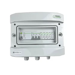 PV switchboard connectionAC hermetic IP65 EMITER with AC surge arrester Noark type 2, 16A 3-F, RCD type A 40A/300mA, phase sig.