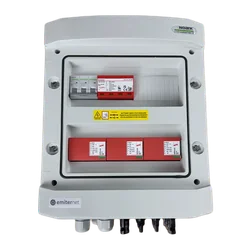 PV switchboard connectionDCAC hermetic IP65 EMITER with DC surge arrester Dehn 1000V type 1+2, 3 x PV chain, 3 x MPPT // limit.AC Dehn type 1+2, 40A 3-F