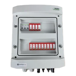 PV switchboard connectionDCAC hermetic IP65 EMITER with DC surge arrester Dehn 1000V type 1+2, 3 x PV chain, 3 x MPPT // limit.AC Dehn type 1+2, 50A 3-F