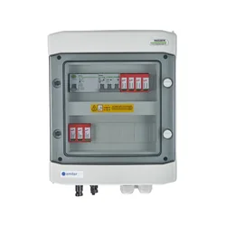 PV switchboard connectionDCAC hermetic IP65 EMITER with DC surge arrester Dehn 1000V type 2, 1 x PV chain, 1 x MPPT // limit.AC Dehn type 2, 10A 3-F, RCD type A 40A/300mA