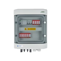 PV switchboard connectionDCAC hermetic IP65 EMITER with DC surge arrester Dehn 1000V type 2, 2 x PV chain, 2 x MPPT // limit.AC Dehn type 2, 10A 3-F, RCD type A 40A/300mA