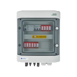 PV switchboard connectionDCAC hermetic IP65 EMITER with DC surge arrester Dehn 1000V type 2, 2 x PV chain, 2 x MPPT // limit.AC Dehn type 2, 20A 3-F, RCD type A 40A/300mA