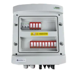 PV switchboard connectionDCAC hermetic IP65 EMITER with DC surge arrester Dehn 1000V type 2, 2 x PV chain, 2 x MPPT // limit.AC Dehn type 2, 25A 3-F, RCD type A 40A/300mA