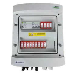 PV switchboard connectionDCAC hermetic IP65 EMITER with DC surge arrester Dehn 1000V type 2, 2 x PV chain, 2 x MPPT // limit.AC Dehn type 2, 50A 3-F