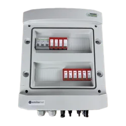PV switchboard connectionDCAC hermetic IP65 EMITER with DC surge arrester Dehn 1000V type 2, 3 x PV chain, 3 x MPPT // limit.AC Dehn type 2, 63A 3-F