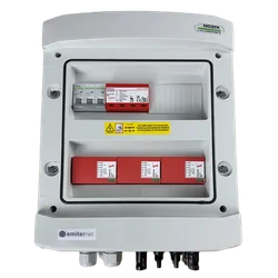 PV switchboard connectionDCAC hermetic IP65 EMITER with DC surge arrester Dehn 1000V type 2, 3 x PV chain, 3 x MPPT // limit.AC Dehn type 2, 63A 3-F, RCD type A 63A/300mA