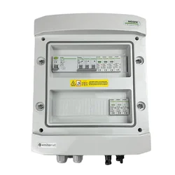PV switchboard connectionDCAC hermetic IP65 EMITER with DC surge arrester Noark 1000V type 1+2, 1 x PV chain, 1 x MPPT // limit.AC Noark type 1+2, 10A 3-F, RCD type A 40A/300mA