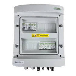 PV switchboard connectionDCAC hermetic IP65 EMITER with DC surge arrester Noark 1000V type 2, 2 x PV chain, 2 x MPPT // limit.AC Noark type 2, 10A 1-F, RCD 100mA