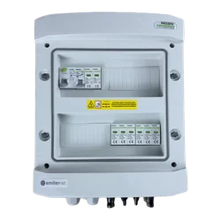 PV switchboard connectionDCAC hermetic IP65 EMITER with DC surge arrester Noark 1000V type 2, 2 x PV chain, 2 x MPPT // limit.AC Noark type 2, 16A 1-F, RCD 40A/300mA