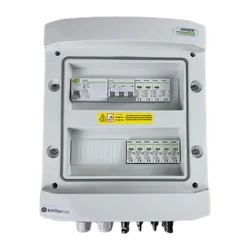 PV switchboard connectionDCAC hermetic IP65 EMITER with DC surge arrester Noark 1000V type 2, 2 x PV chain, 2 x MPPT // limit.AC Noark type 2, 25A 3-F, RCD 40A/300mA