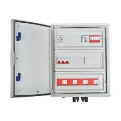 PV switchboard connectionDCAC hermetic IP66 EMITER with DC surge arrester Dehn 1000V type 1+2, 4 x PV chain, 4 x MPPT // limit.AC Dehn type 1+2, 100A 3-F, FR 100A, phase signal + socket