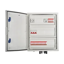 PV switchboard connectionDCAC hermetic IP66 EMITER with DC surge arrester Dehn 1000V type 2, 4 x PV chain, 4 x MPPT // limit.AC Dehn type 2, 100A 3-F, FR 100A, phase signal + socket