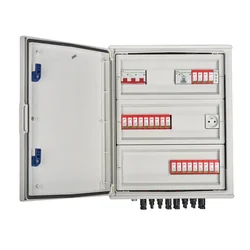 PV switchboard connectionDCAC hermetic IP66 EMITER with DC surge arrester Dehn 1000V type 2, 6 x PV chain, 6 x MPPT // limit.AC Dehn type 2, 100A 3-F, FR 100A, phase signal + socket